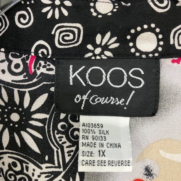 KOOS Of Course! Black Pink Floral Pure Silk Artsy BloomCore Button Down Tunic 1X - Picture 2 of 11